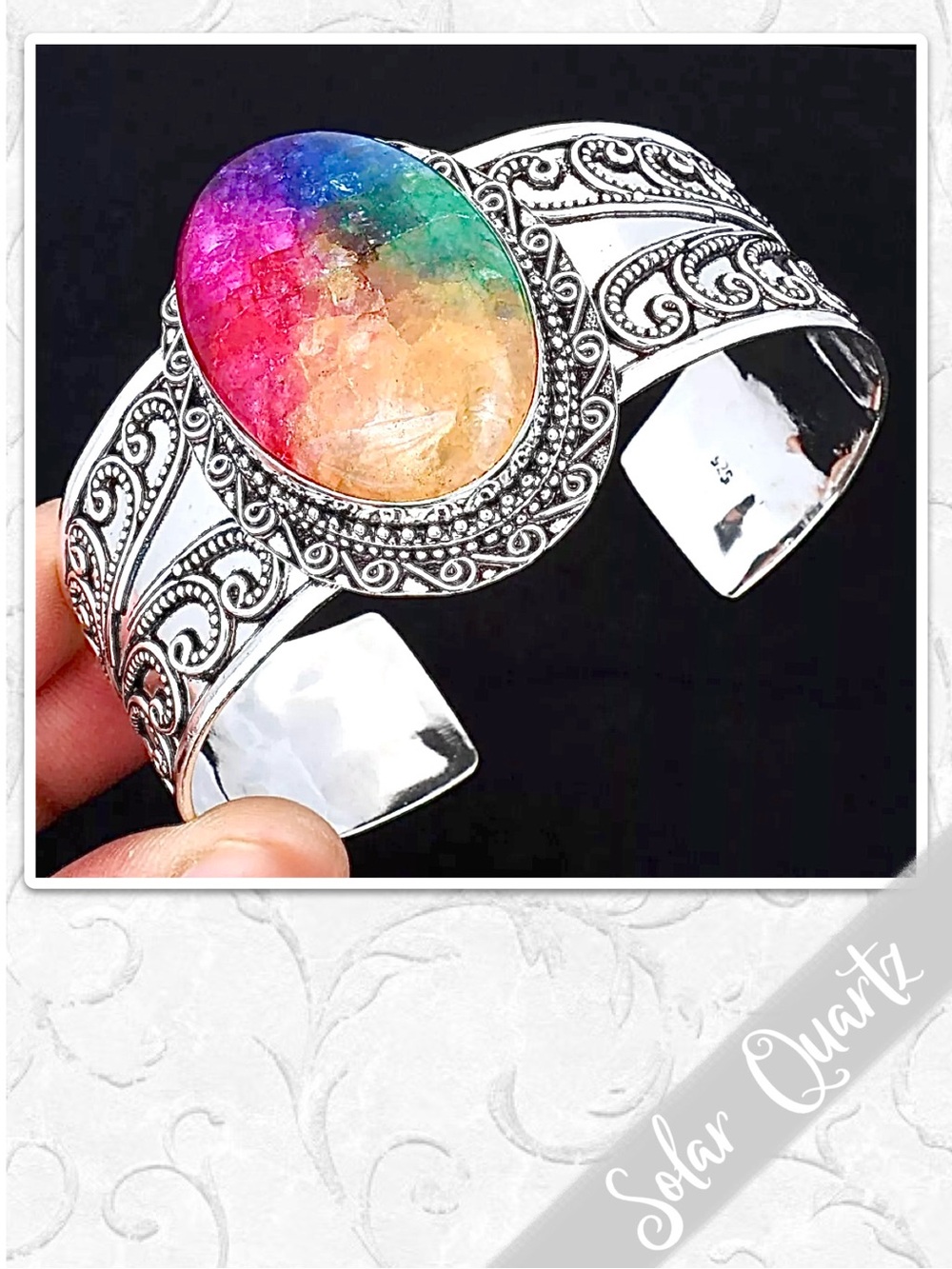 Rainbow Solar Quartz Silver Bangle Cuff Bracelet, Adjustable Gold Blue Red Pink